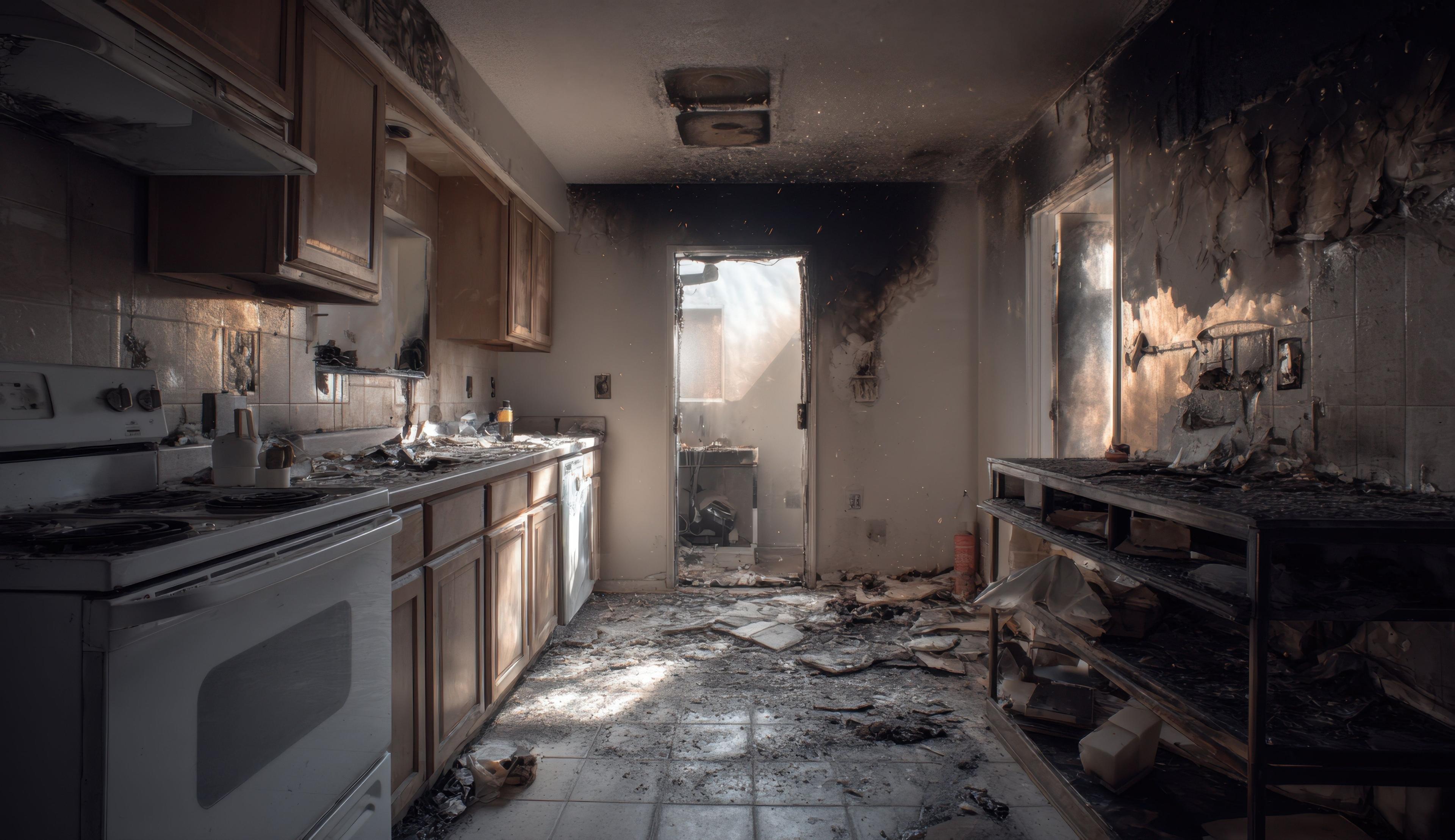 Severe kitchen fire damage in a Chicagoland home, requiring full structural restoration and smoke damage remediation.
