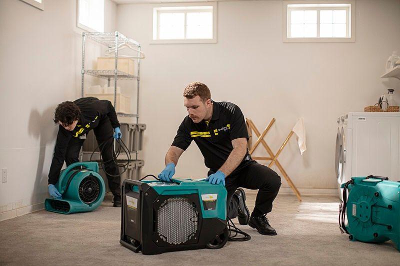two ServiceMaster Restoration By Simons technicians are setting up drying equipment in a home's basement.