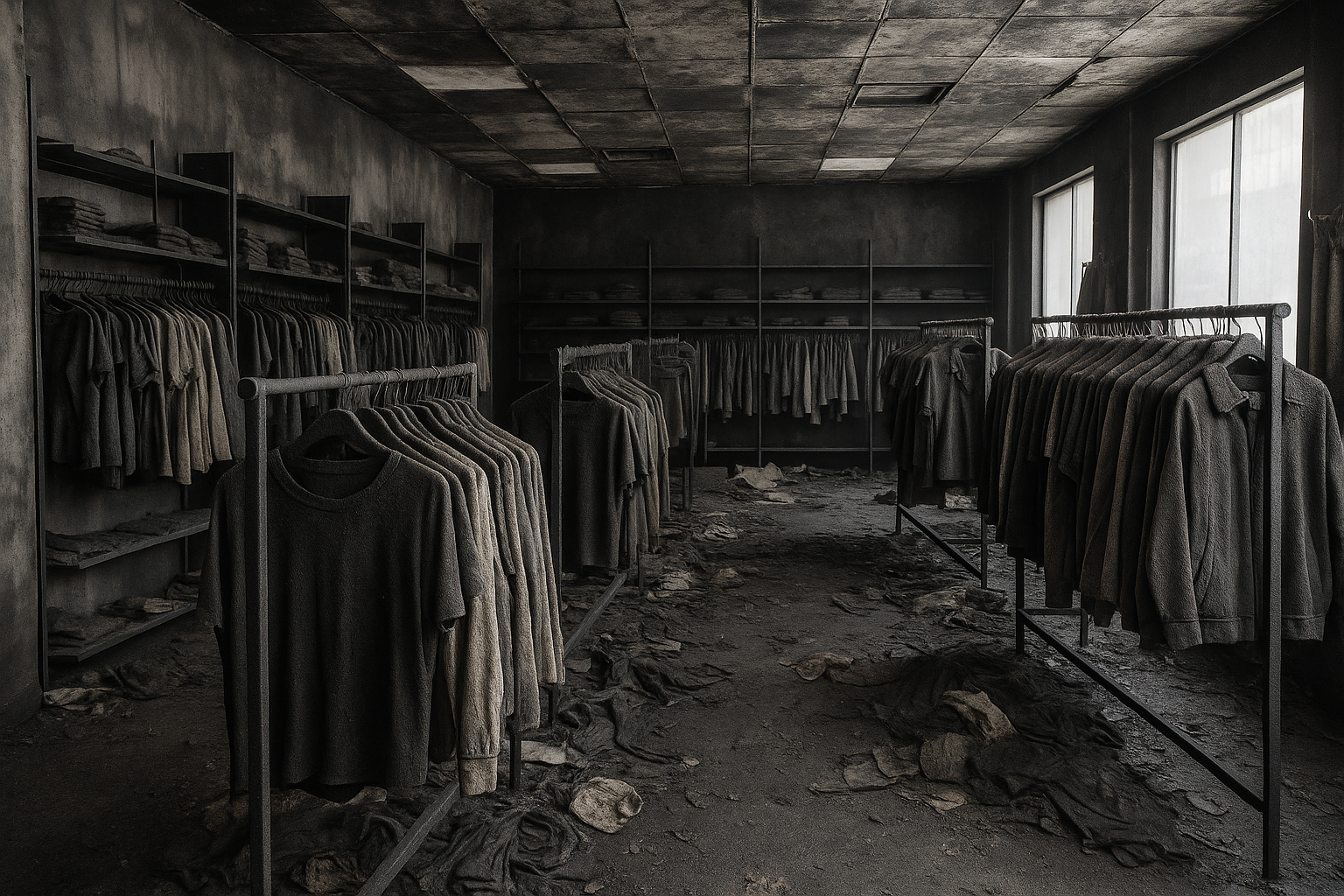 Smoke and Soot Damage Inside a Fire-Damaged Retail Clothing Store