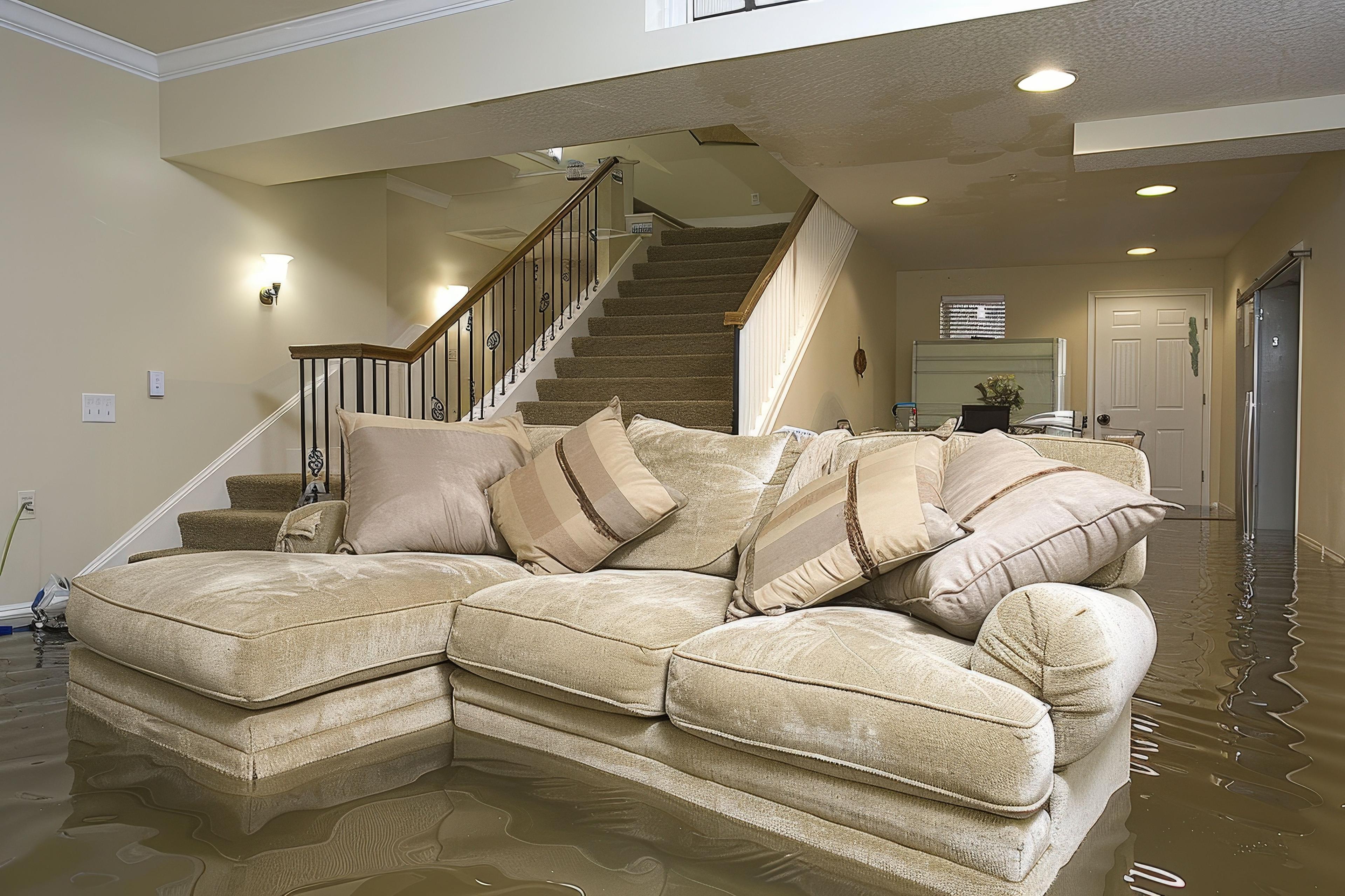A sectional sofa is submersed in flood water in a homes basement.