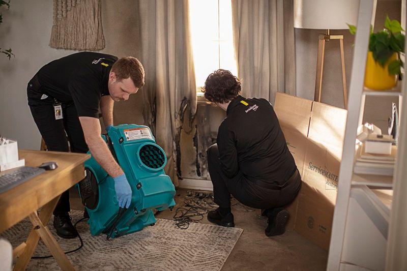 Two ServiceMaster Restoration By Simons technicians set up air filtration equipment at a home that's suffered a fire and smoke damage