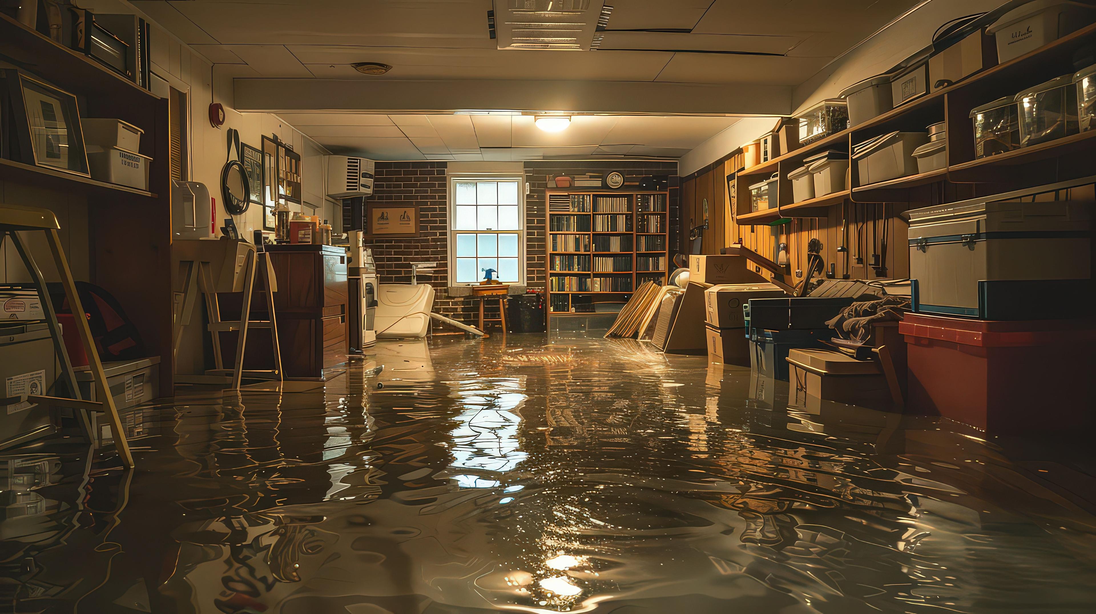a residential basement is submersed in flood water after a heavy rain.