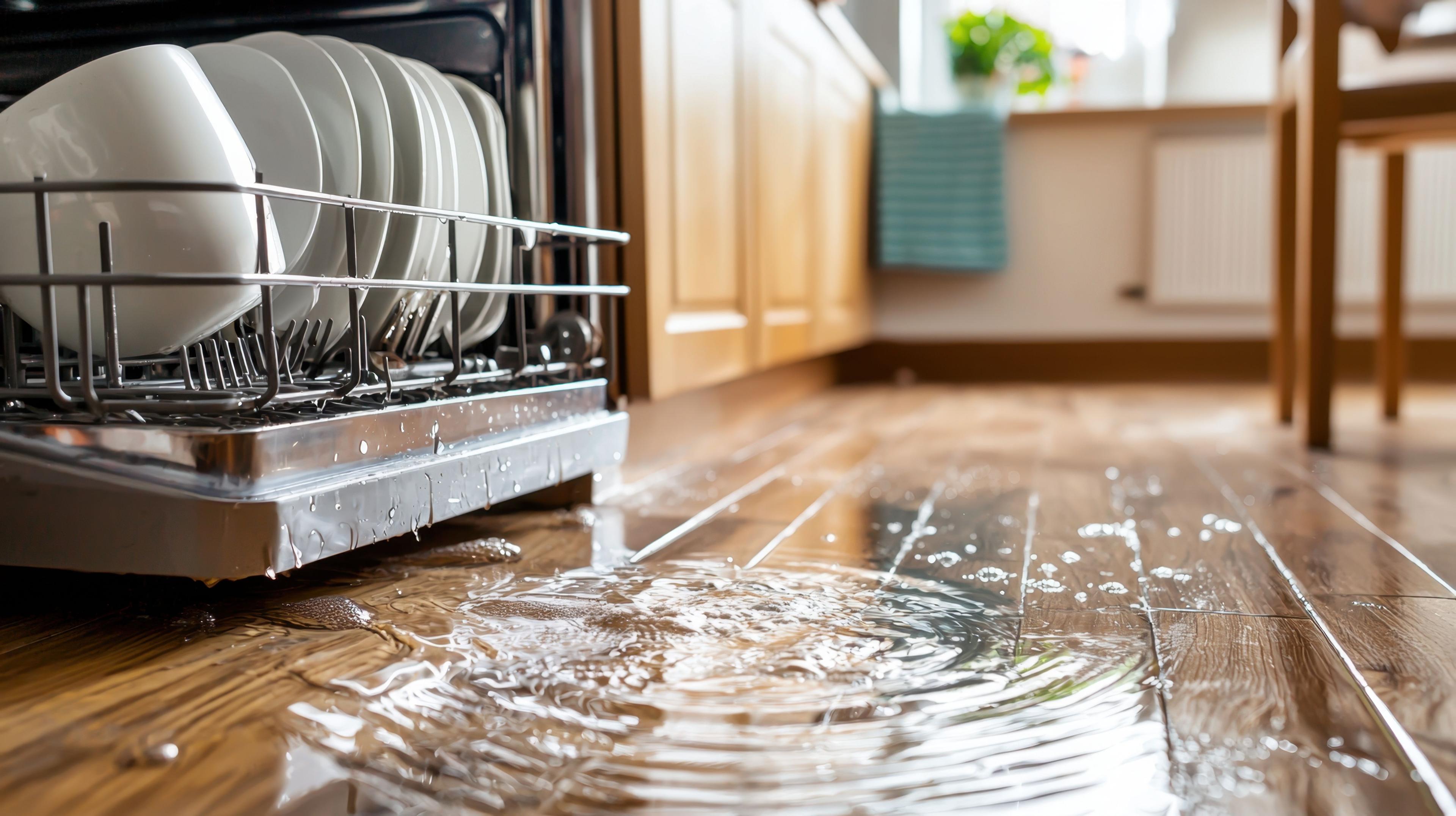 Dishwasher leak on wood floors in Chicagoland kitchen