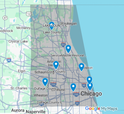 Service areas covered by ServiceMaster Restoration By Simons, including Cook County, DuPage County, Lake County, and the North Shore suburbs of Chicagoland
