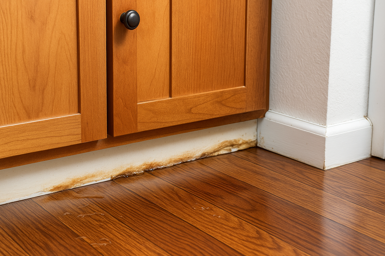 Not all leaks are obvious—check baseboards and cabinet edges for swelling or separation